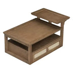 Table basse moderne Okak avec tiroir en rotin et rangement à deux niveaux, table basse de salon à 2 étagères