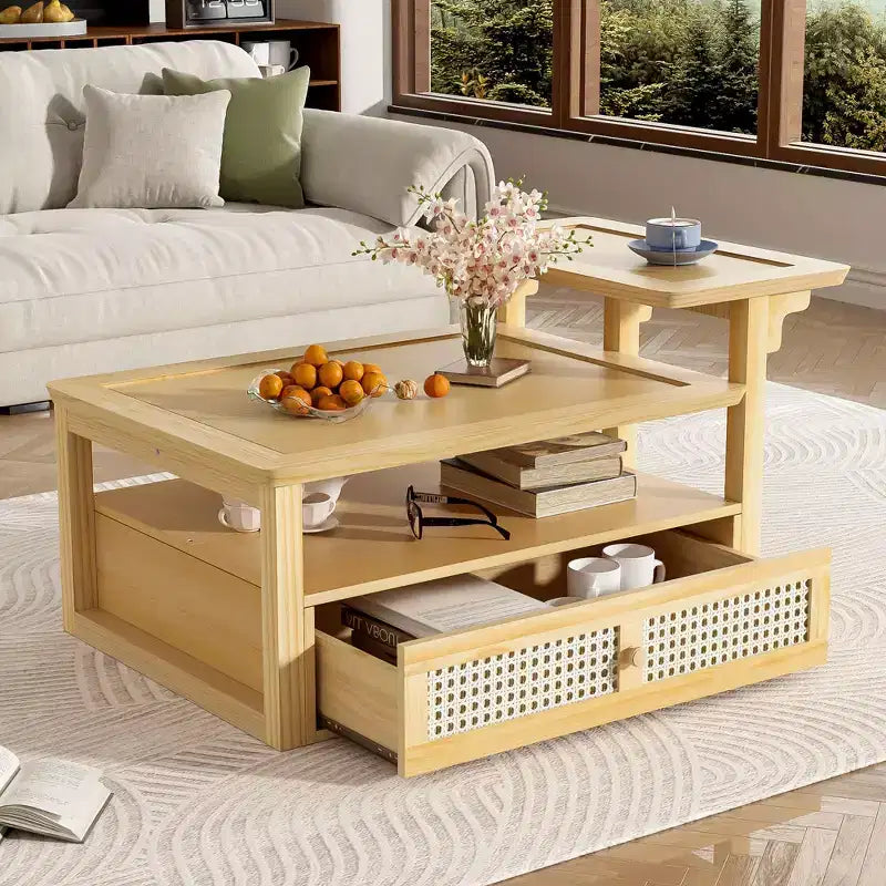 Table basse moderne Okak avec tiroir en rotin et rangement à deux niveaux, table basse de salon à 2 étagères