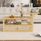 Table basse moderne Okak avec tiroir en rotin et rangement à deux niveaux, table basse de salon à 2 étagères