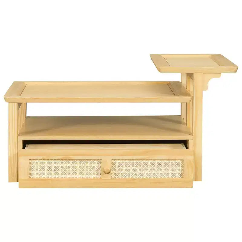 Table basse moderne Okak avec tiroir en rotin et rangement à deux niveaux, table basse de salon à 2 étagères