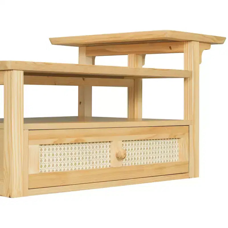 Table basse moderne Okak avec tiroir en rotin et rangement à deux niveaux, table basse de salon à 2 étagères