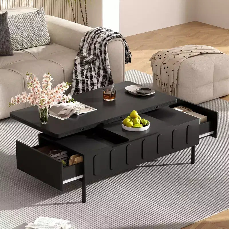 Table basse moderne Okak avec tiroir en rotin et rangement à deux niveaux, table basse de salon à 2 étagères