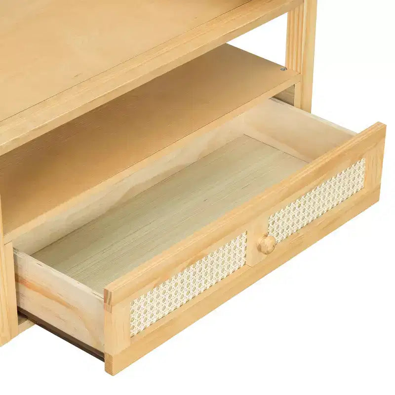 Table basse moderne Okak avec tiroir en rotin et rangement à deux niveaux, table basse de salon à 2 étagères