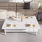 Table basse moderne Okak avec tiroir en rotin et rangement à deux niveaux, table basse de salon à 2 étagères