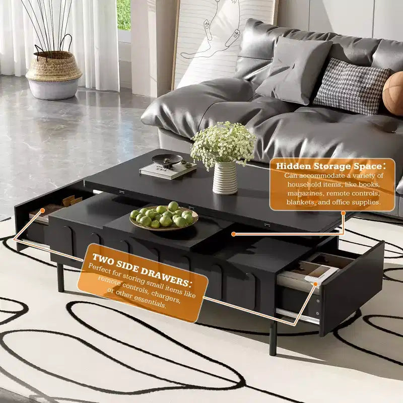 Table basse moderne Okak avec tiroir en rotin et rangement à deux niveaux, table basse de salon à 2 étagères