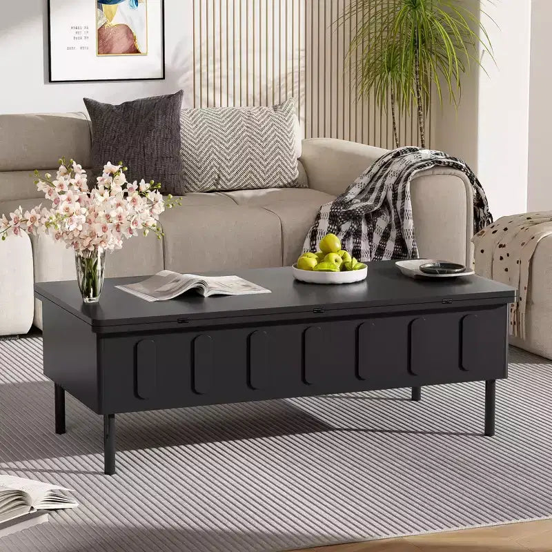 Table basse moderne Okak avec tiroir en rotin et rangement à deux niveaux, table basse de salon à 2 étagères