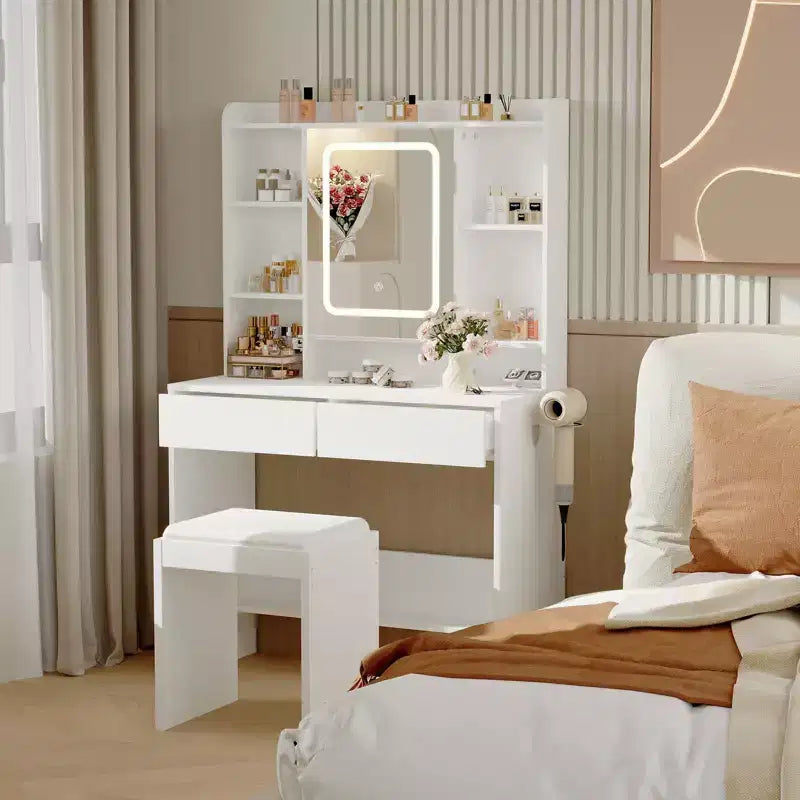 Coiffeuse GustoWave avec miroir et lumières, comprend un tabouret rembourré, des tiroirs de rangement, des prises USB, un éclairage LED réglable avec 3 modes d'éclairage
