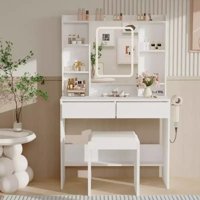 Coiffeuse GustoWave avec miroir et lumières, comprend un tabouret rembourré, des tiroirs de rangement, des prises USB, un éclairage LED réglable avec 3 modes d'éclairage