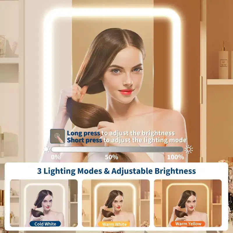 Coiffeuse GustoWave avec miroir et lumières, comprend un tabouret rembourré, des tiroirs de rangement, des prises USB, un éclairage LED réglable avec 3 modes d'éclairage