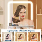 Coiffeuse GustoWave avec miroir et lumières, comprend un tabouret rembourré, des tiroirs de rangement, des prises USB, un éclairage LED réglable avec 3 modes d'éclairage