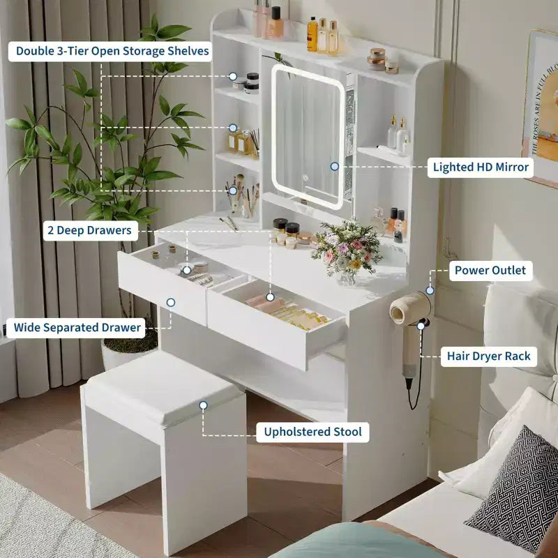 Coiffeuse GustoWave avec miroir et lumières, comprend un tabouret rembourré, des tiroirs de rangement, des prises USB, un éclairage LED réglable avec 3 modes d'éclairage