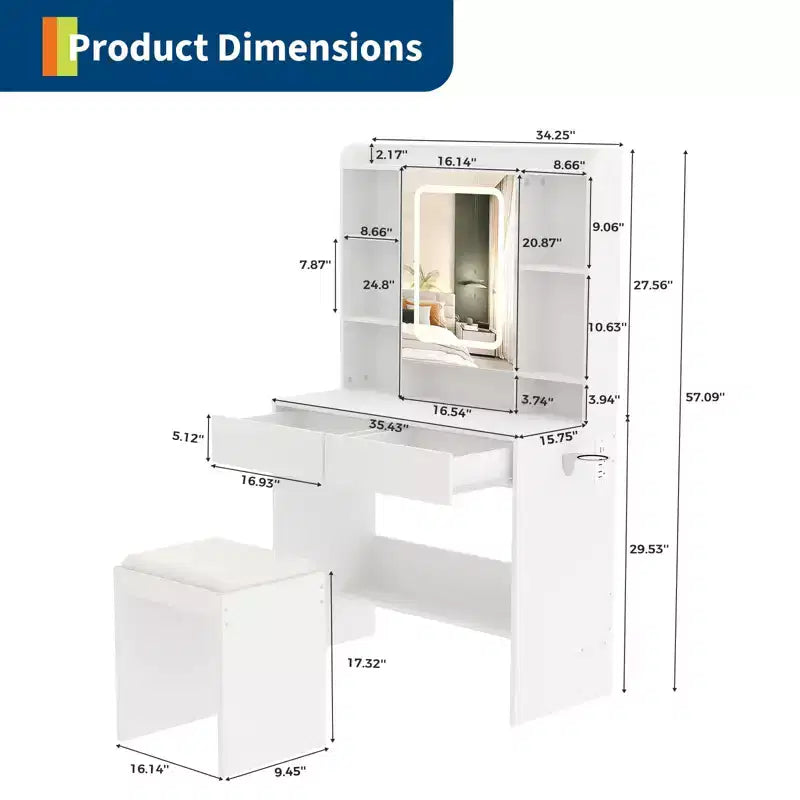 Coiffeuse GustoWave avec miroir et lumières, comprend un tabouret rembourré, des tiroirs de rangement, des prises USB, un éclairage LED réglable avec 3 modes d'éclairage
