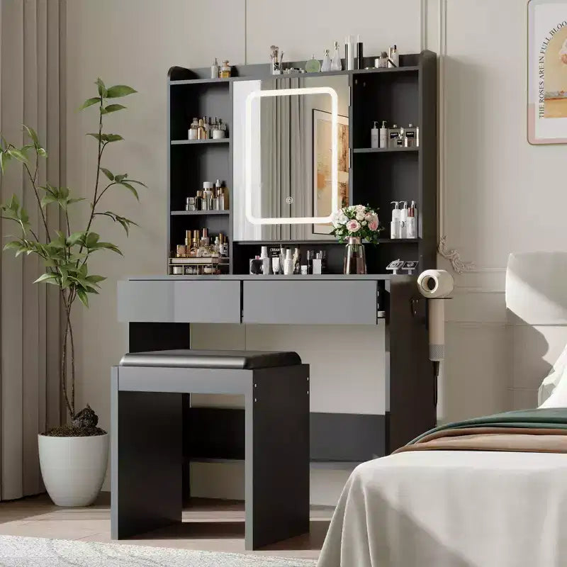 Coiffeuse GustoWave avec miroir et lumières, comprend un tabouret rembourré, des tiroirs de rangement, des prises USB, un éclairage LED réglable avec 3 modes d'éclairage