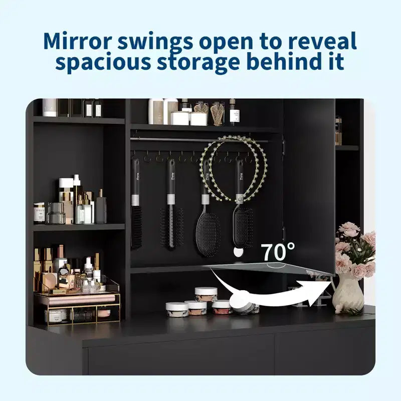 Coiffeuse GustoWave avec miroir et lumières, comprend un tabouret rembourré, des tiroirs de rangement, des prises USB, un éclairage LED réglable avec 3 modes d'éclairage