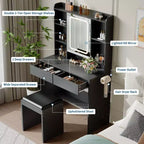 Coiffeuse GustoWave avec miroir et lumières, comprend un tabouret rembourré, des tiroirs de rangement, des prises USB, un éclairage LED réglable avec 3 modes d'éclairage