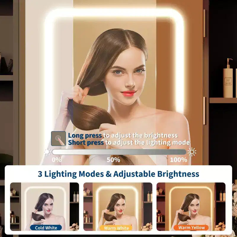 Coiffeuse GustoWave avec miroir et lumières, comprend un tabouret rembourré, des tiroirs de rangement, des prises USB, un éclairage LED réglable avec 3 modes d'éclairage