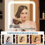 Coiffeuse GustoWave avec miroir et lumières, comprend un tabouret rembourré, des tiroirs de rangement, des prises USB, un éclairage LED réglable avec 3 modes d'éclairage
