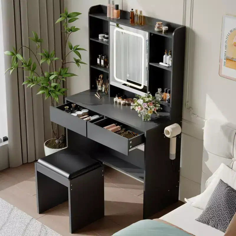 Coiffeuse GustoWave avec miroir et lumières, comprend un tabouret rembourré, des tiroirs de rangement, des prises USB, un éclairage LED réglable avec 3 modes d'éclairage