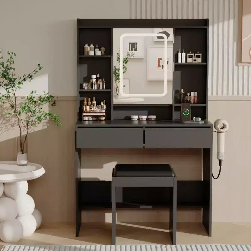 Coiffeuse GustoWave avec miroir et lumières, comprend un tabouret rembourré, des tiroirs de rangement, des prises USB, un éclairage LED réglable avec 3 modes d'éclairage