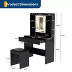 Coiffeuse GustoWave avec miroir et lumières, comprend un tabouret rembourré, des tiroirs de rangement, des prises USB, un éclairage LED réglable avec 3 modes d'éclairage