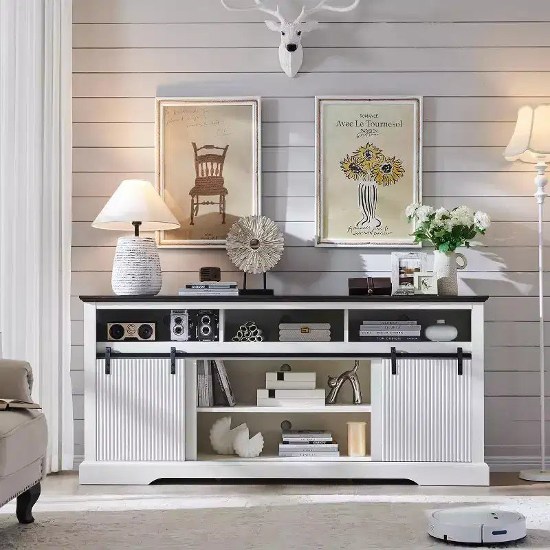 Meuble TV Mastgoal pour téléviseurs 80 pouces avec porte coulissante, étagère réglable et rangement, meuble TV moderne de 81 cm de haut pour salon