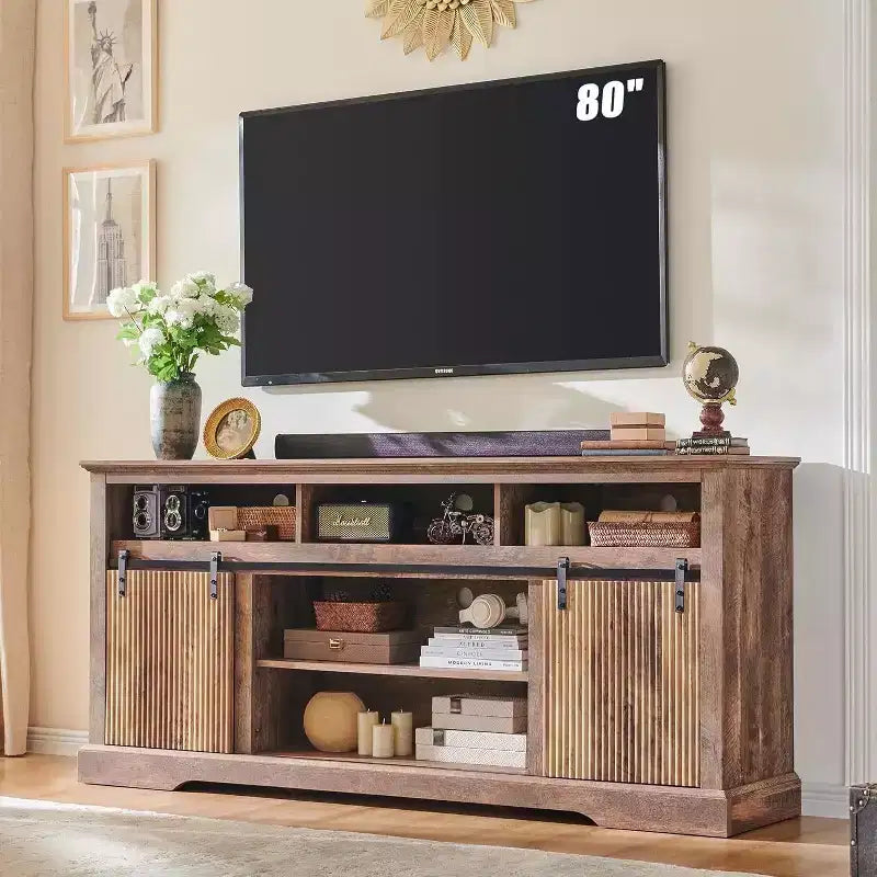 Meuble TV Mastgoal pour téléviseurs 80 pouces avec porte coulissante, étagère réglable et rangement, meuble TV moderne de 81 cm de haut pour salon