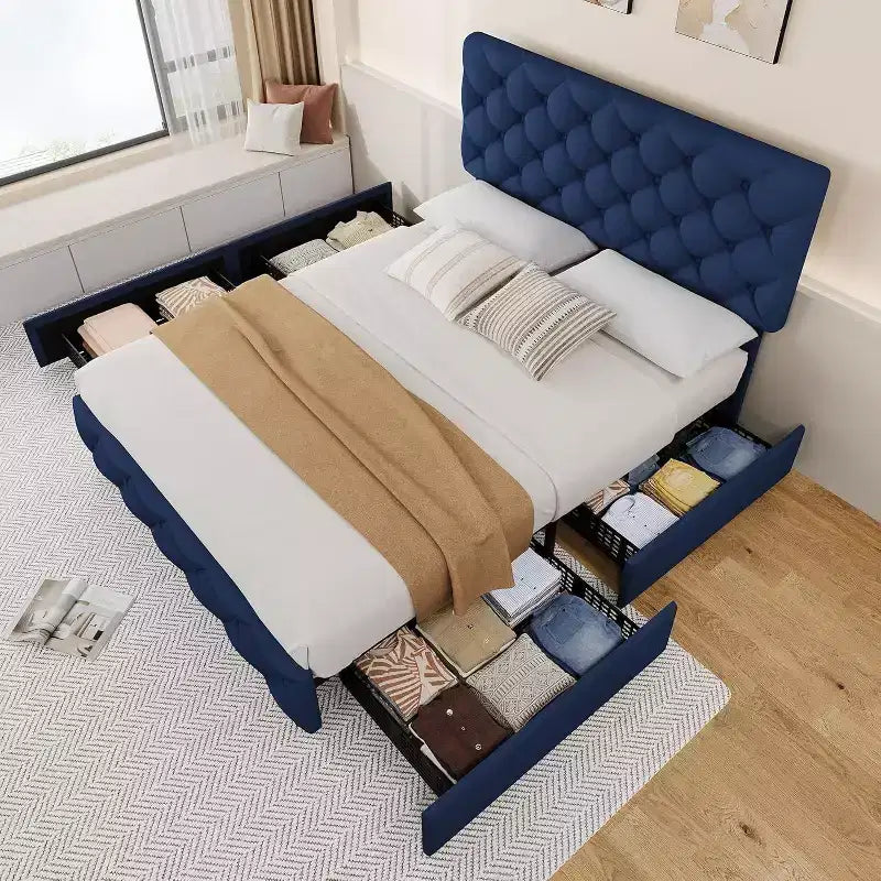 Cadre de lit avec tiroirs de rangement, tête de lit en lin réglable, plateforme rembourrée avec lattes en bois, design capitonné, pas besoin de sommier.