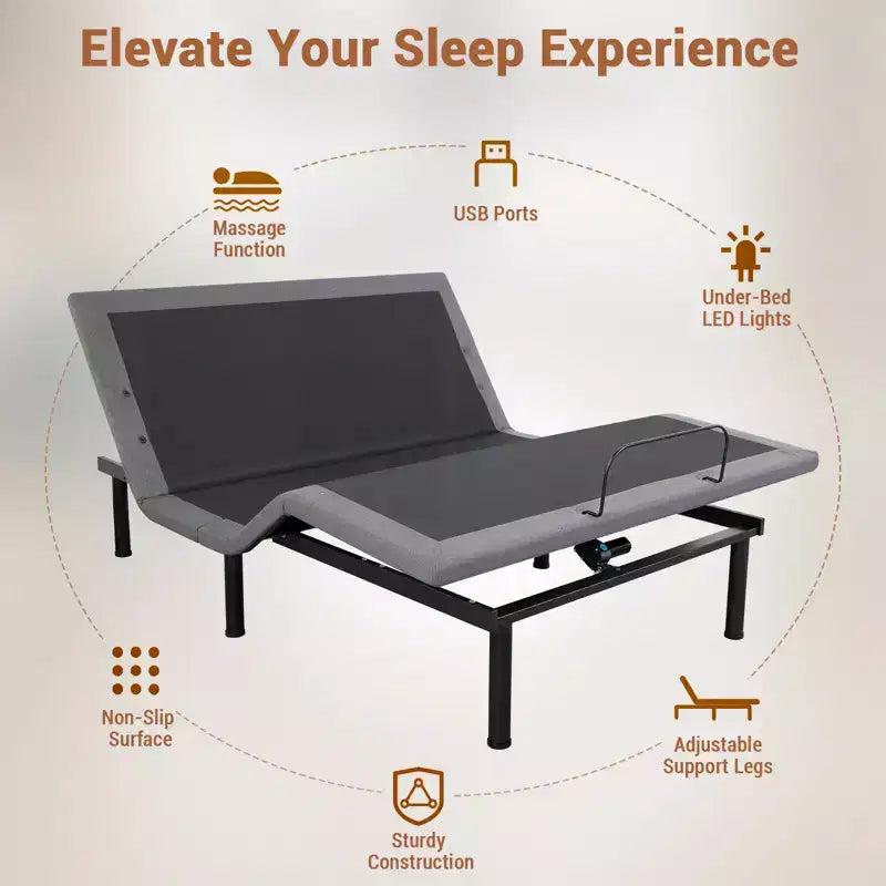Cadre de lit réglable CuisinSmart avec massage, base de lit réglable Twin XL avec 1 port USB et veilleuse sous le lit, inclinaison tête et pieds