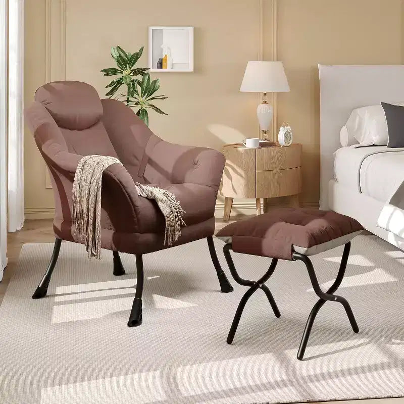 Fauteuil d'appoint confortable en velours Acekool pour adultes, fauteuil de lecture ergonomique avec accoudoirs rembourrés, repose-pieds pliable, poche latérale, rose, gris