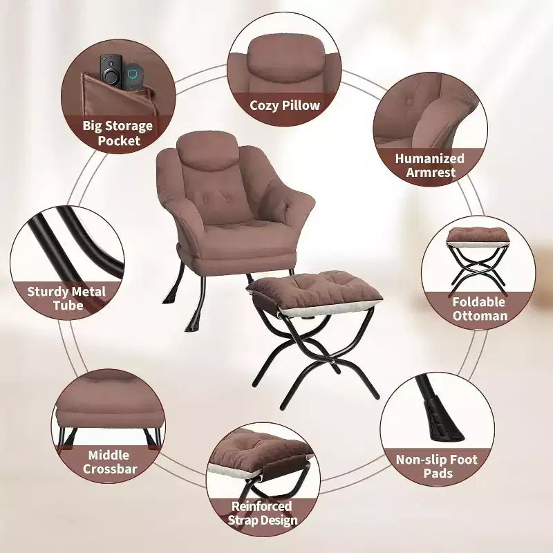 Fauteuil d'appoint confortable en velours Acekool pour adultes, fauteuil de lecture ergonomique avec accoudoirs rembourrés, repose-pieds pliable, poche latérale, rose, gris