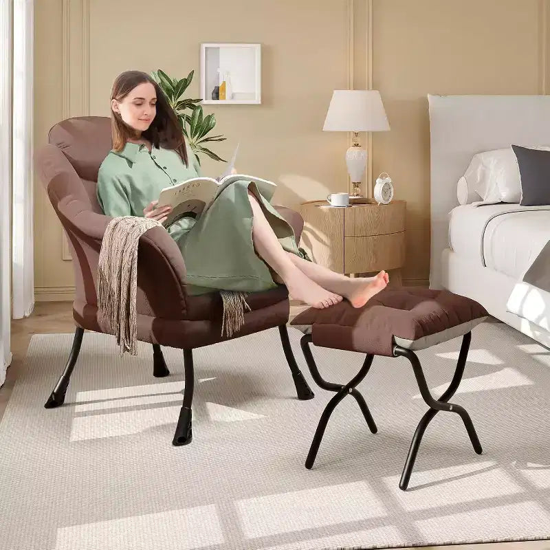 Fauteuil d'appoint confortable en velours Acekool pour adultes, fauteuil de lecture ergonomique avec accoudoirs rembourrés, repose-pieds pliable, poche latérale, rose, gris
