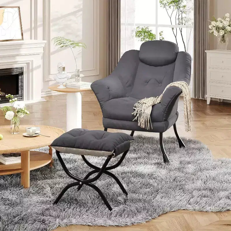 Fauteuil d'appoint confortable en velours Acekool pour adultes, fauteuil de lecture ergonomique avec accoudoirs rembourrés, repose-pieds pliable, poche latérale, rose, gris