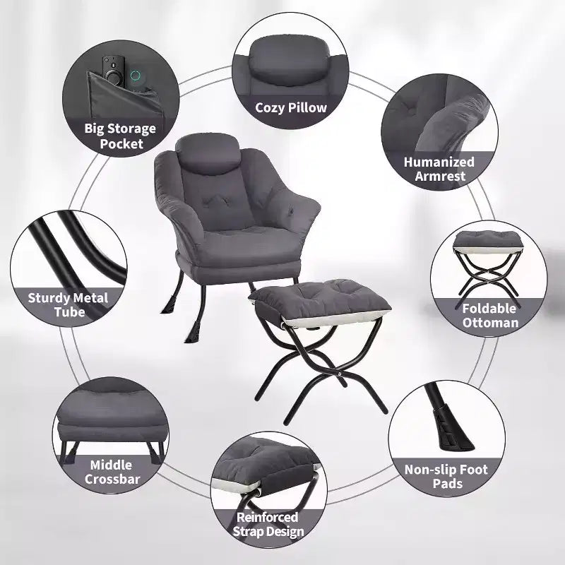 Fauteuil d'appoint confortable en velours Acekool pour adultes, fauteuil de lecture ergonomique avec accoudoirs rembourrés, repose-pieds pliable, poche latérale, rose, gris