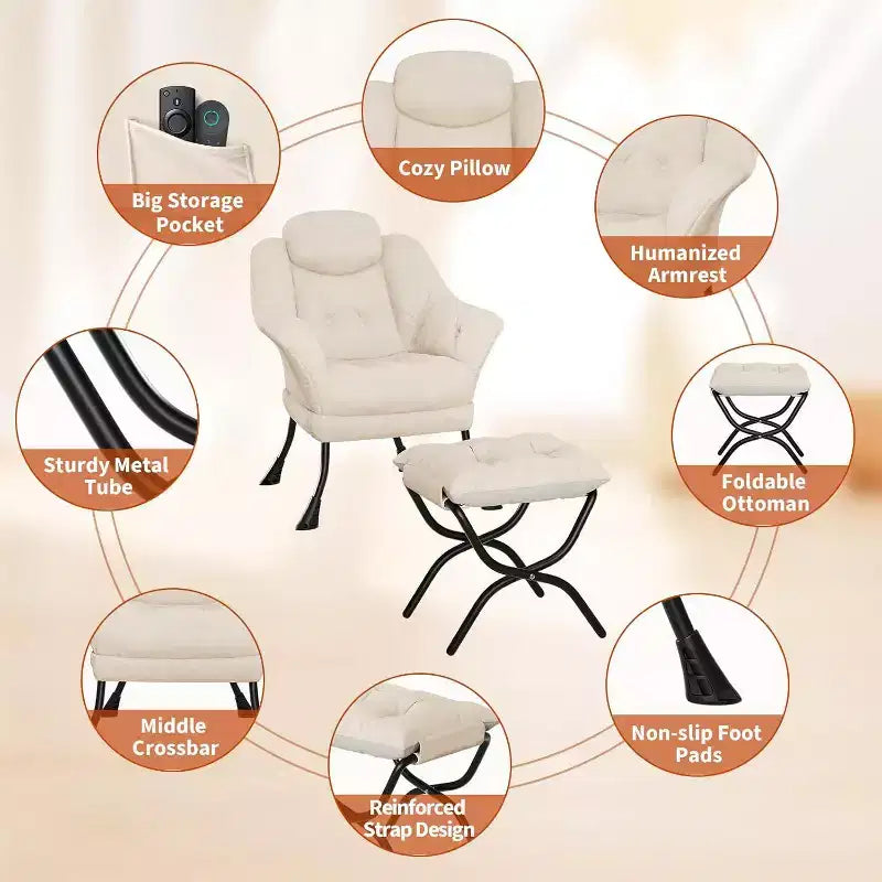 Fauteuil d'appoint confortable en velours Acekool pour adultes, fauteuil de lecture ergonomique avec accoudoirs rembourrés, repose-pieds pliable, poche latérale, rose, gris