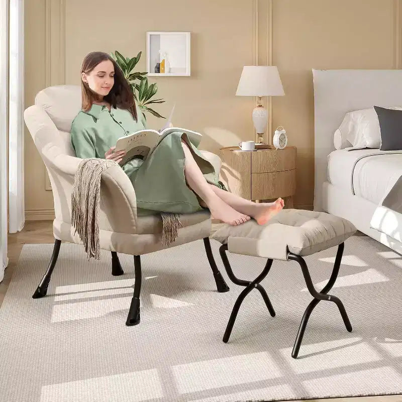 Fauteuil d'appoint confortable en velours Acekool pour adultes, fauteuil de lecture ergonomique avec accoudoirs rembourrés, repose-pieds pliable, poche latérale, rose, gris