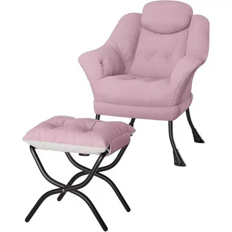 Fauteuil d'appoint confortable en velours Acekool pour adultes, fauteuil de lecture ergonomique avec accoudoirs rembourrés, repose-pieds pliable, poche latérale, rose, gris