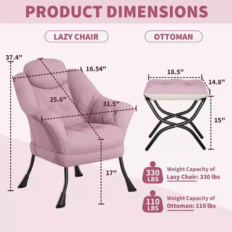Fauteuil d'appoint confortable en velours Acekool pour adultes, fauteuil de lecture ergonomique avec accoudoirs rembourrés, repose-pieds pliable, poche latérale, rose, gris