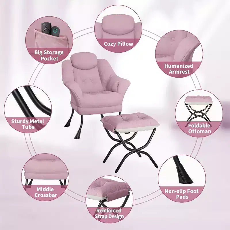 Fauteuil d'appoint confortable en velours Acekool pour adultes, fauteuil de lecture ergonomique avec accoudoirs rembourrés, repose-pieds pliable, poche latérale, rose, gris