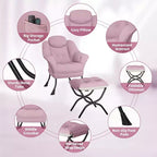 Fauteuil d'appoint confortable en velours Acekool pour adultes, fauteuil de lecture ergonomique avec accoudoirs rembourrés, repose-pieds pliable, poche latérale, rose, gris