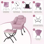 Fauteuil d'appoint confortable en velours Acekool pour adultes, fauteuil de lecture ergonomique avec accoudoirs rembourrés, repose-pieds pliable, poche latérale, rose, gris