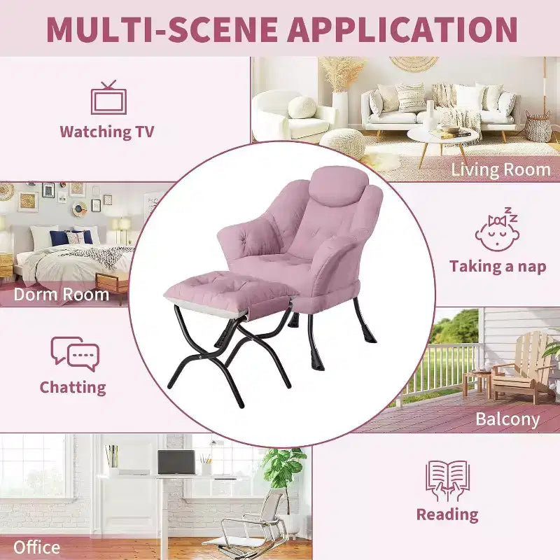 Fauteuil d'appoint confortable en velours Acekool pour adultes, fauteuil de lecture ergonomique avec accoudoirs rembourrés, repose-pieds pliable, poche latérale, rose, gris