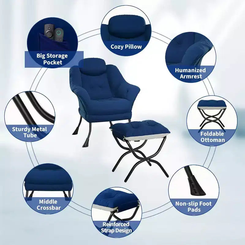 Fauteuil d'appoint confortable en velours Acekool pour adultes, fauteuil de lecture ergonomique avec accoudoirs rembourrés, repose-pieds pliable, poche latérale, rose, gris