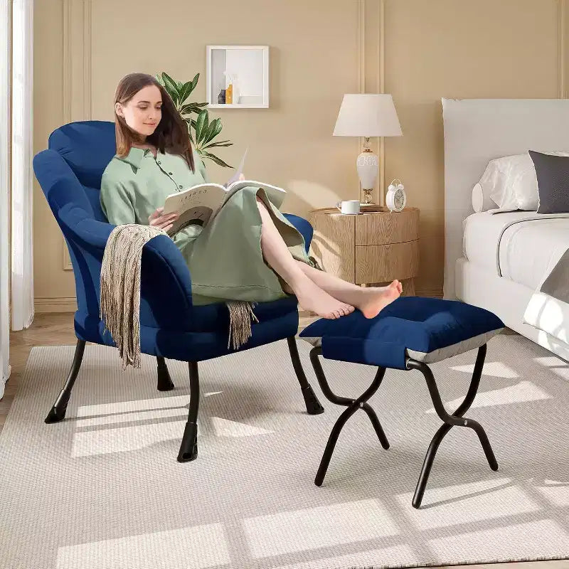 Fauteuil d'appoint confortable en velours Acekool pour adultes, fauteuil de lecture ergonomique avec accoudoirs rembourrés, repose-pieds pliable, poche latérale, rose, gris