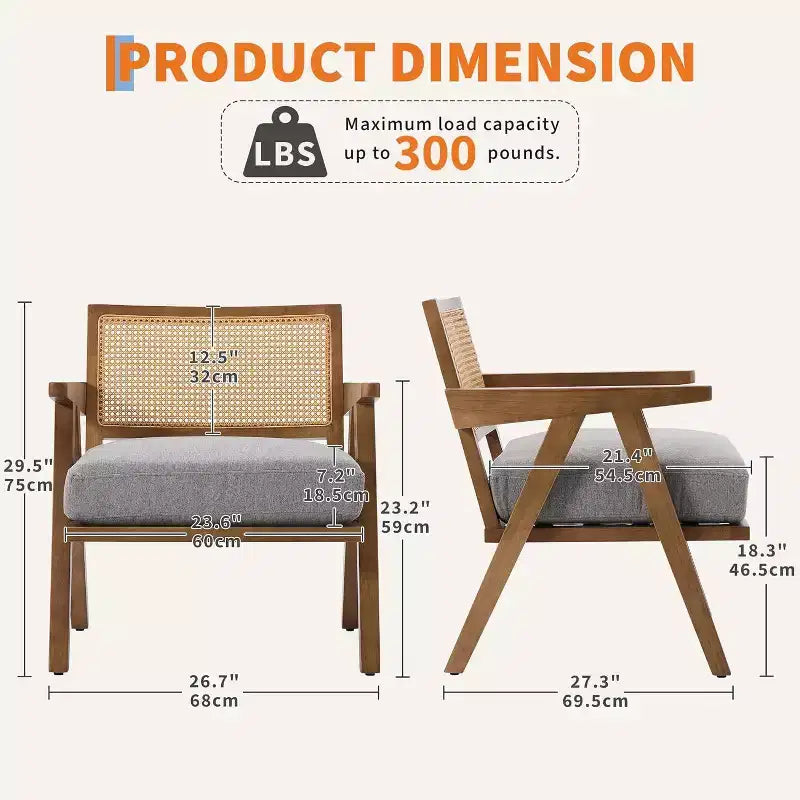 Fauteuil Acekool, dossier en rotin, pieds en bois, coussins épais, fauteuil de salon, chambre ou balcon, lin beige ou flanelle teddy