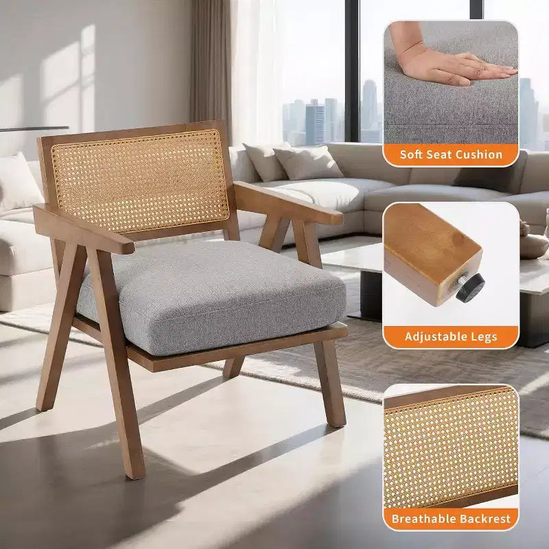 Fauteuil Acekool, dossier en rotin, pieds en bois, coussins épais, fauteuil de salon, chambre ou balcon, lin beige ou flanelle teddy