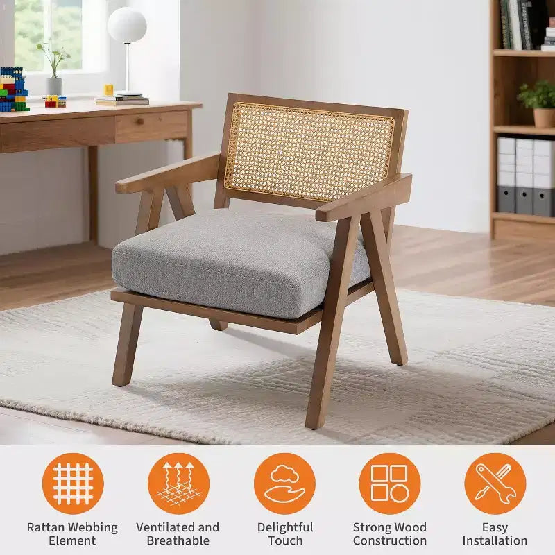 Fauteuil Acekool, dossier en rotin, pieds en bois, coussins épais, fauteuil de salon, chambre ou balcon, lin beige ou flanelle teddy