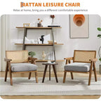 Fauteuil Acekool, dossier en rotin, pieds en bois, coussins épais, fauteuil de salon, chambre ou balcon, lin beige ou flanelle teddy