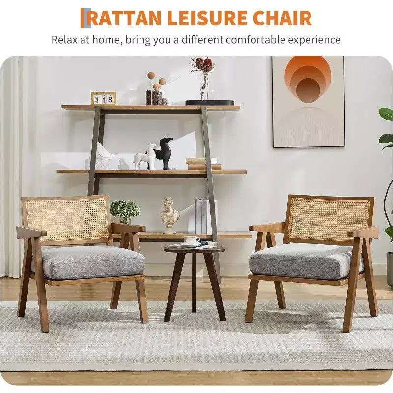 Fauteuil Acekool, dossier en rotin, pieds en bois, coussins épais, fauteuil de salon, chambre ou balcon, lin beige ou flanelle teddy