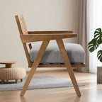Fauteuil Acekool, dossier en rotin, pieds en bois, coussins épais, fauteuil de salon, chambre ou balcon, lin beige ou flanelle teddy