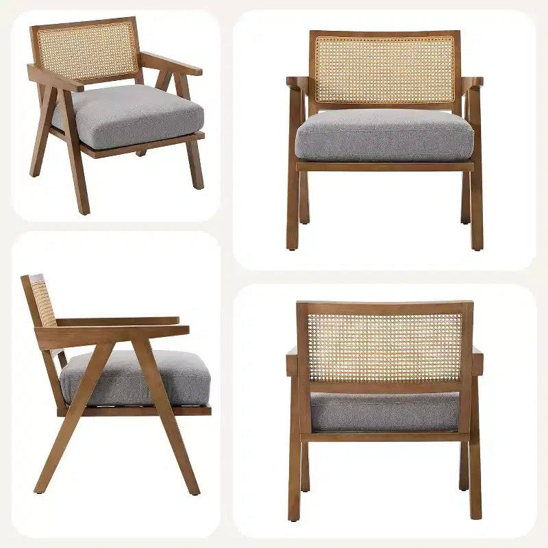 Fauteuil Acekool, dossier en rotin, pieds en bois, coussins épais, fauteuil de salon, chambre ou balcon, lin beige ou flanelle teddy